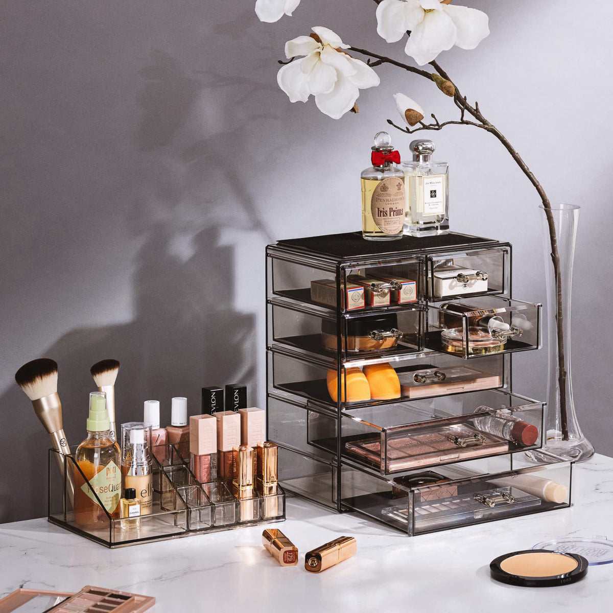 Sorbus Makeup Organizer, 7-Drawer Acrylic 2-Piece Set (Black Jewel) – close-up detail