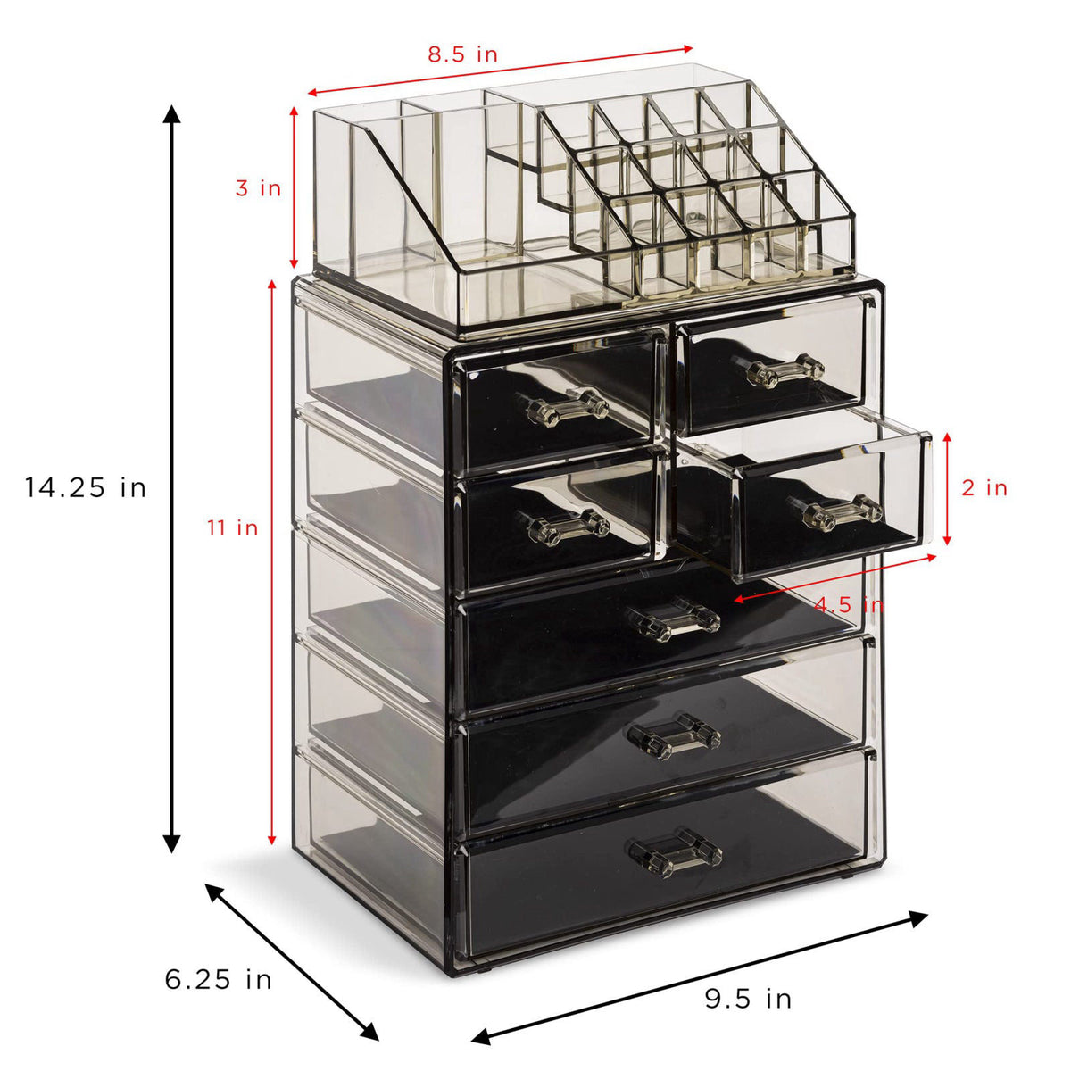 Sorbus Makeup Organizer, 7-Drawer Acrylic 2-Piece Set (Black Jewel) – packaging and label