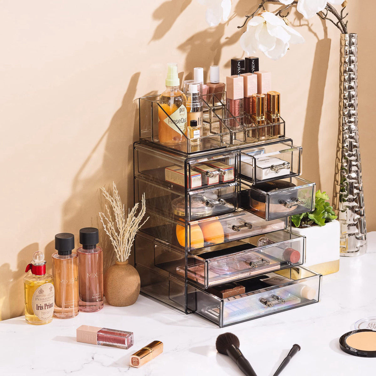 Sorbus Makeup Organizer, 7-Drawer Acrylic 2-Piece Set (Black Jewel) – back view and specifications