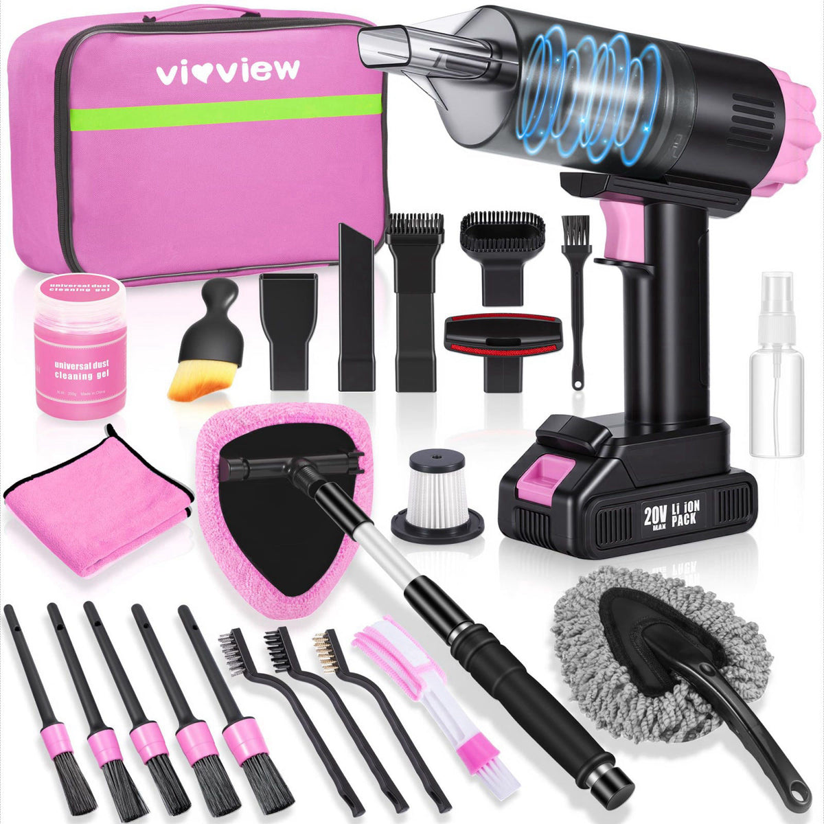 vioview 25pcs Car Cleaning Kit, Pink Interior Detailing Kit with High Power Vacuum Portable Cordless, Handheld Vacuum Cl