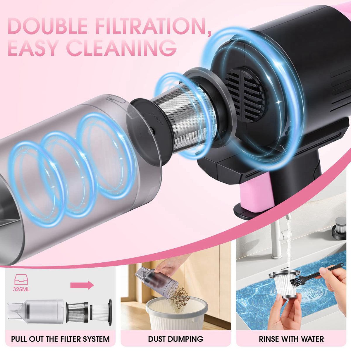 vioview 25pcs Car Cleaning Kit, Pink Interior Detailing Kit with High Power Vacuum Portable Cordless, Handheld Vacuum Cl