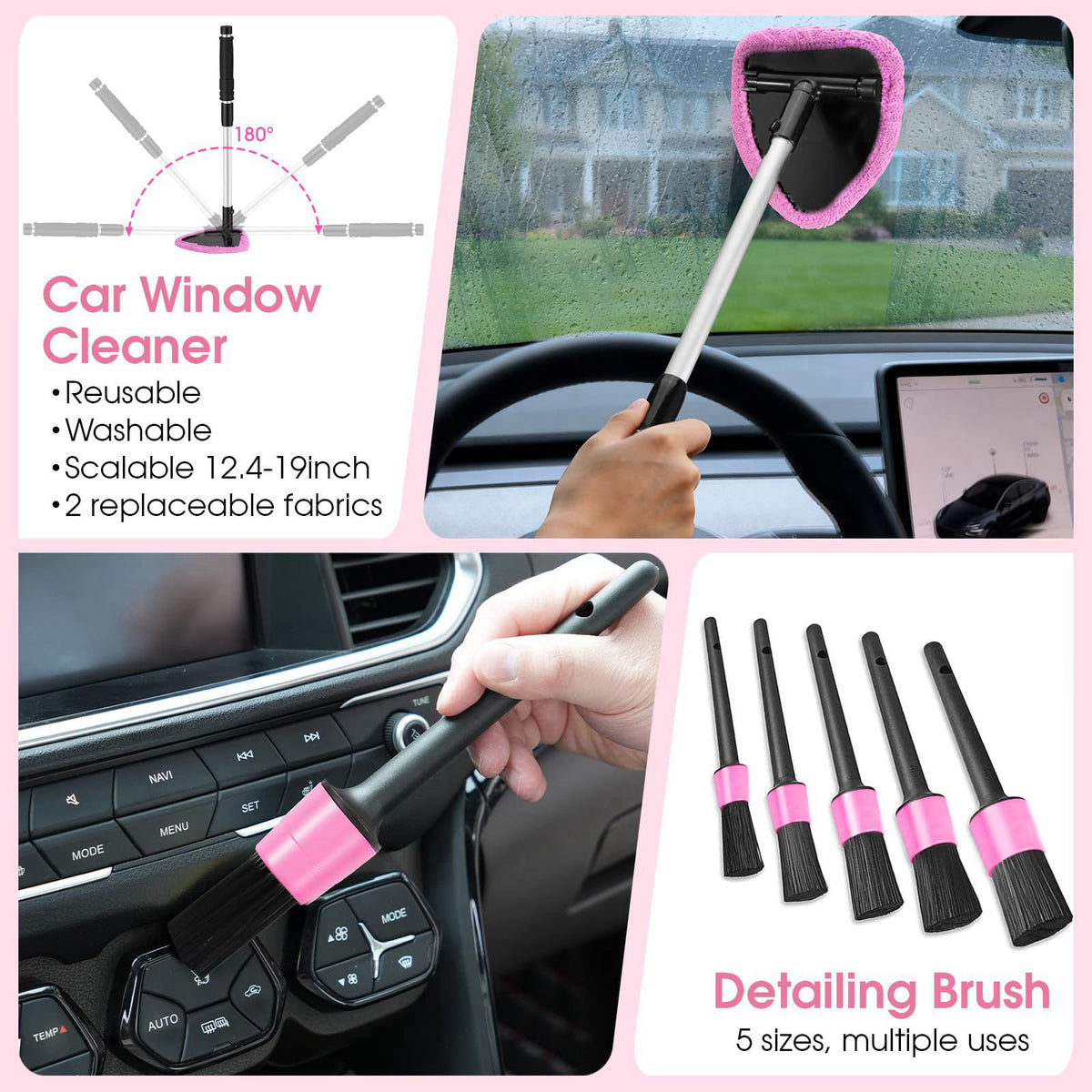 vioview 25pcs Car Cleaning Kit, Pink Interior Detailing Kit with High Power Vacuum Portable Cordless, Handheld Vacuum Cl
