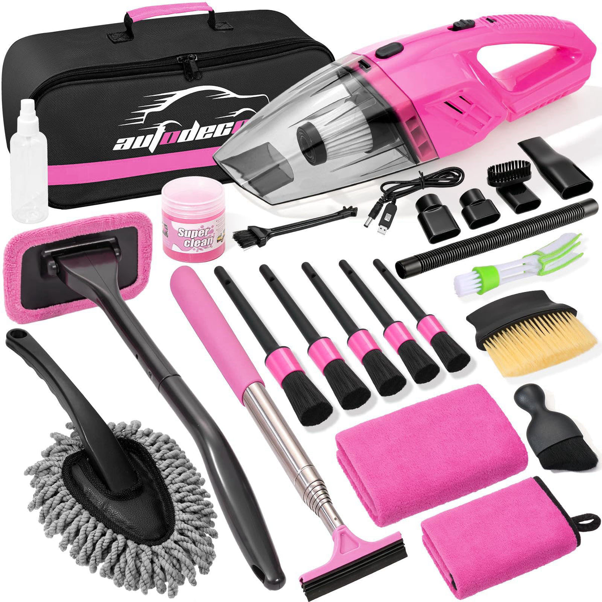 AUTODECO Car Cleaning Kit, Car Interior Detailing Kit with 12000PA Black Handheld Vacuum, Brush Set, Windshield Tool, Du