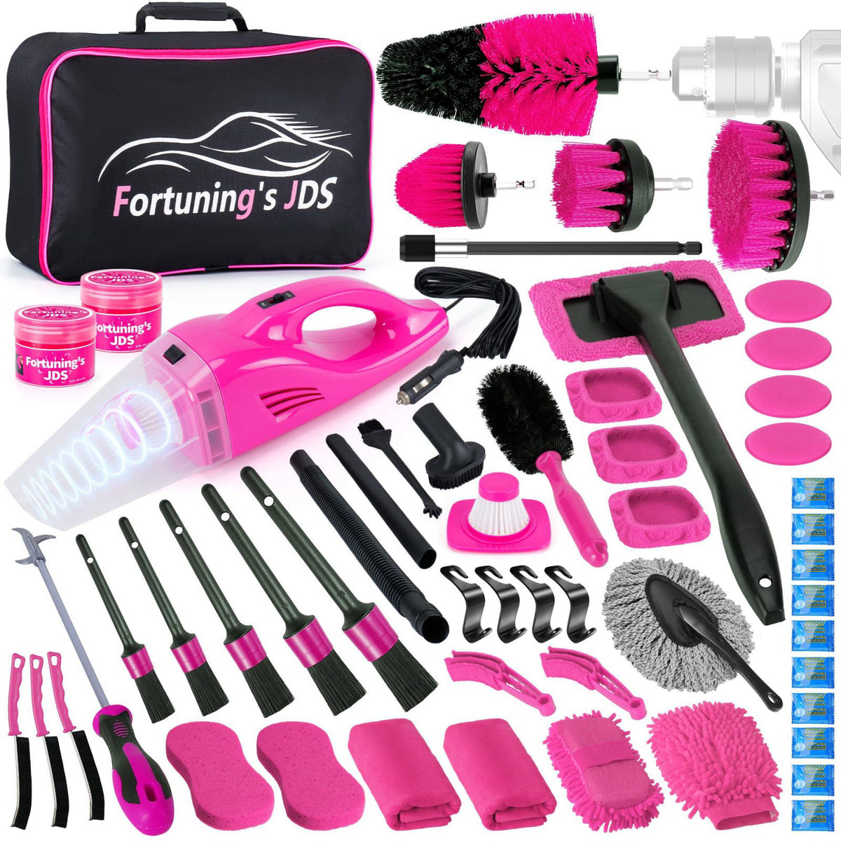Fortuning's JDS 55PCS Pink Car Detailing Kit Interior Cleaner with High Power Handheld Vacuum, Car Wash kit with Detaili