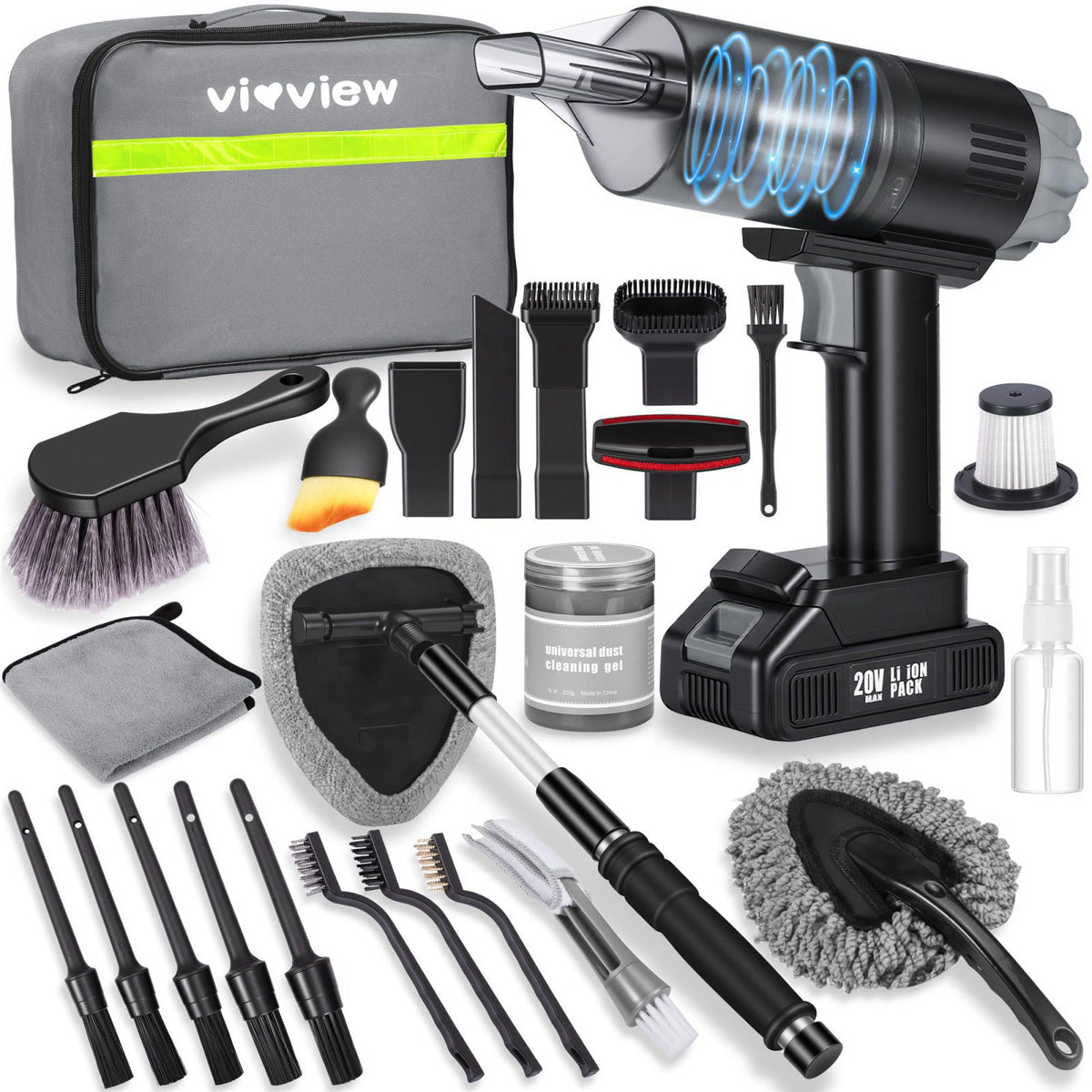 vioview 26pcs Car Cleaning Kit, Gray Interior Detailing Kit with High Power Vacuum Portable Cordless, Handheld Vacuum Cl