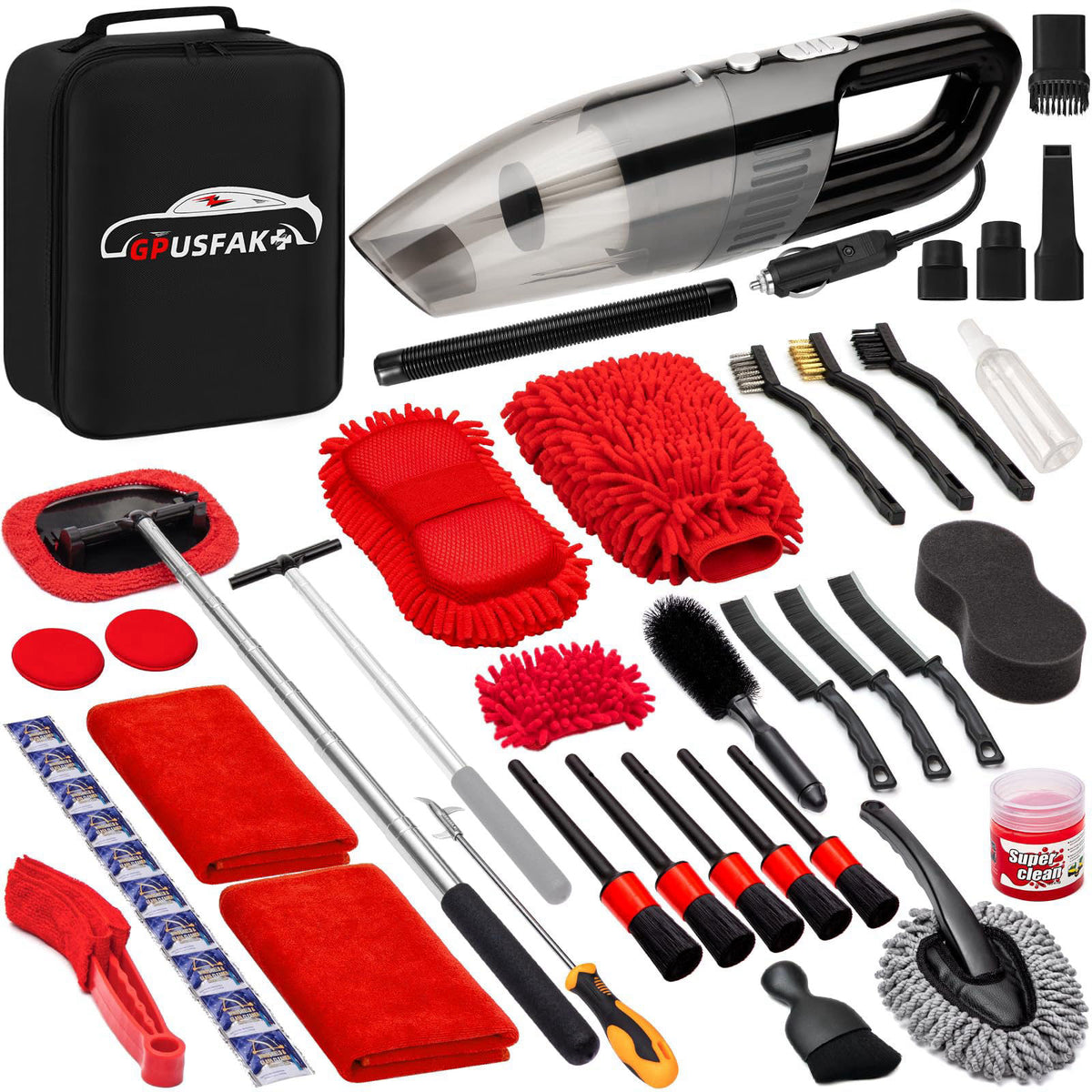 GPUSFAK 45Pcs Car Wash Cleaning Kit with High Power Handheld Vacuum Windshield Cleaning Tool with Side Mirror Squeegee D
