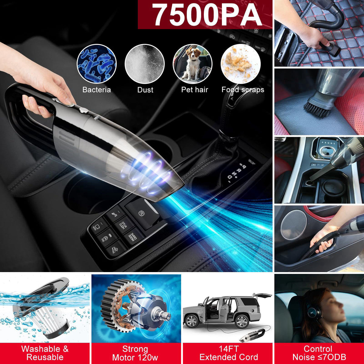 GPUSFAK 45Pcs Car Wash Cleaning Kit with High Power Handheld Vacuum Windshield Cleaning Tool with Side Mirror Squeegee D