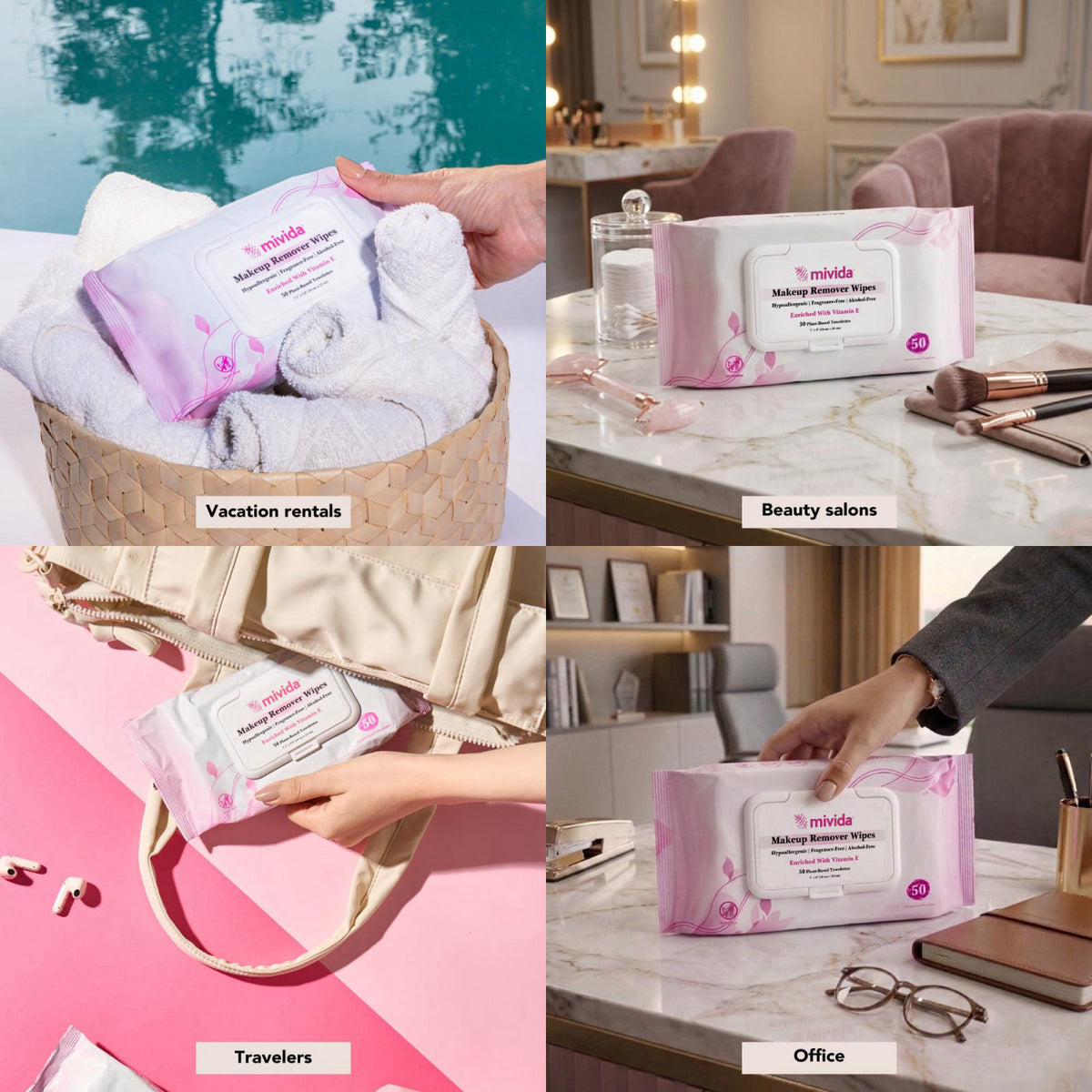 mivida Professional Makeup Remover Wipes Bulk Case | 500 Wipes (10 Packs x 50) | HRIPT Dermatologist Tested | Fragrance 