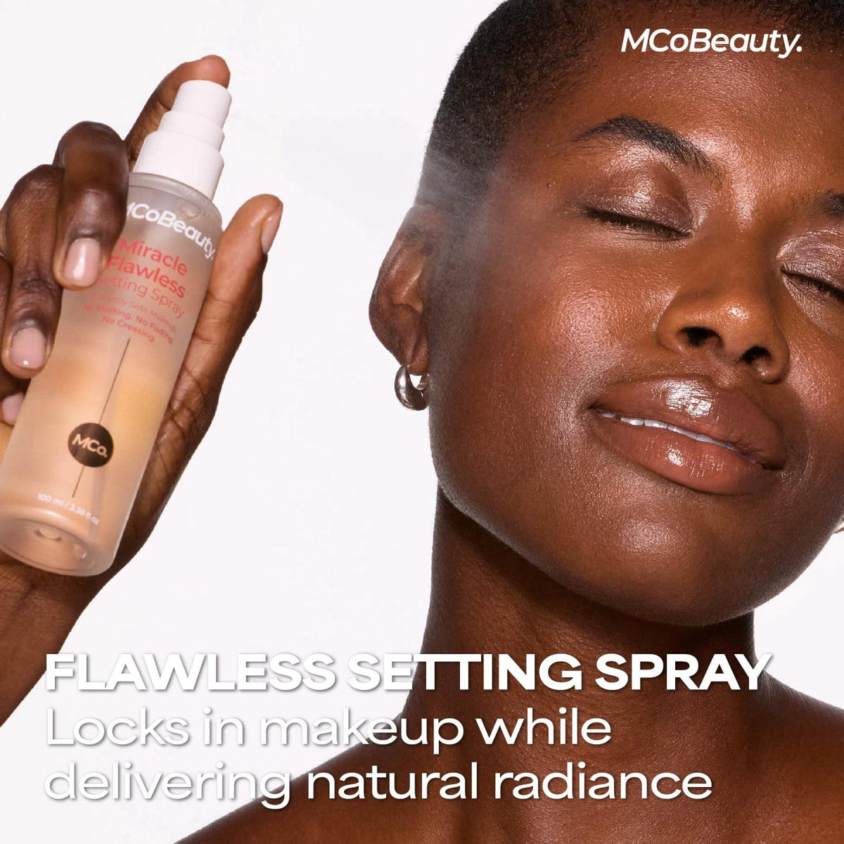 MCoBeauty Setting Spray, Powder, Glow Filter & Blush Set - Hot Pink – packaging and label