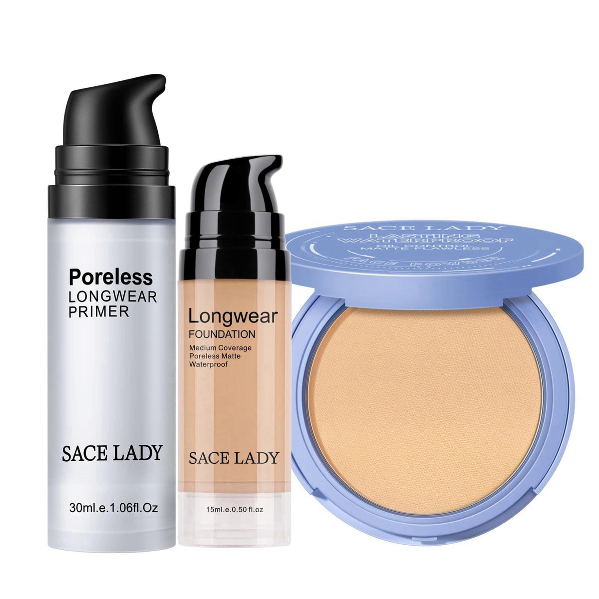 SACE LADY Smooth Primer and Flawless Foundation and Oil Control Face Powder, Long Lasting Coverage Waterproof Natural Co