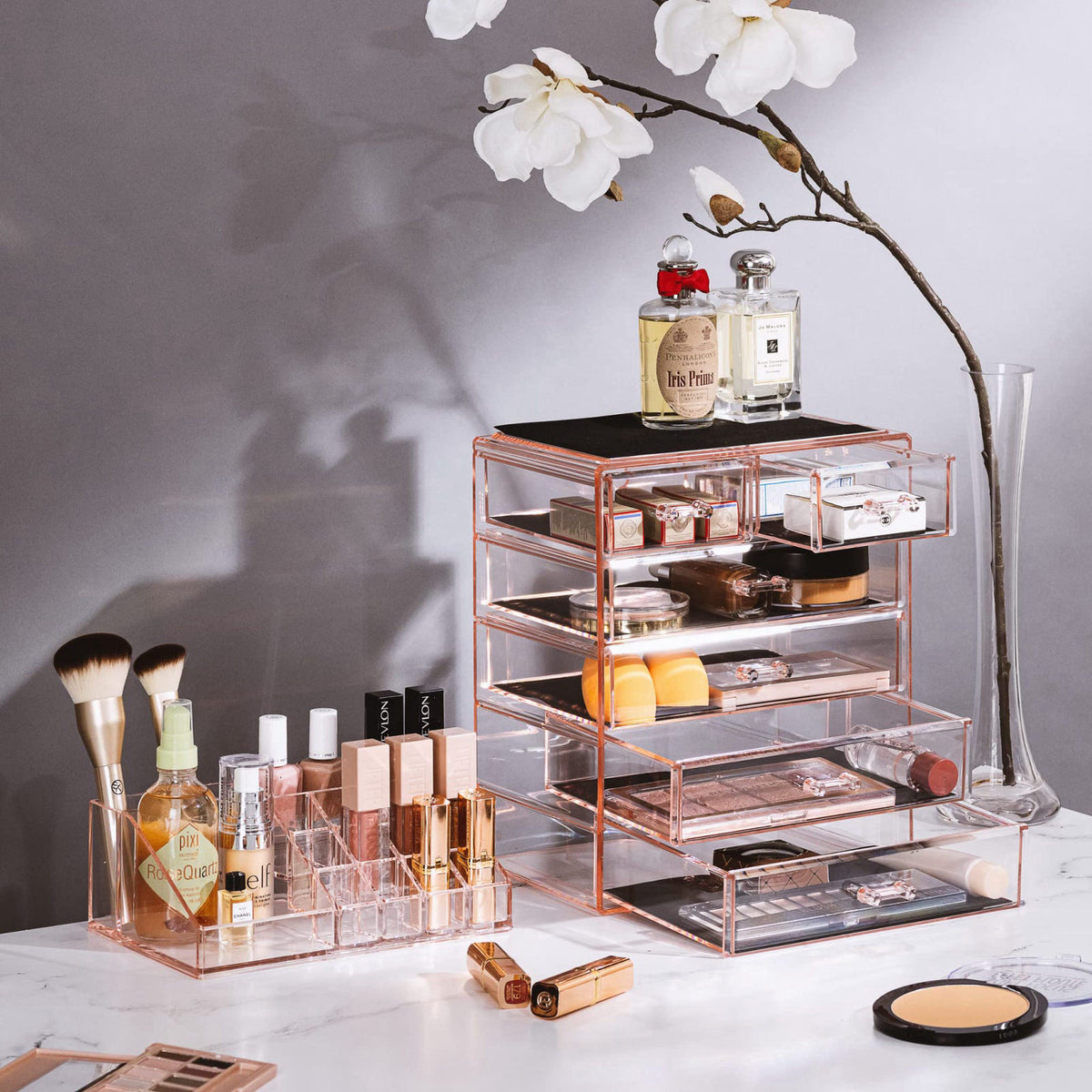 Sorbus Makeup Organizer, 6-Drawer Acrylic 2-Piece Set (Pink) – close-up detail