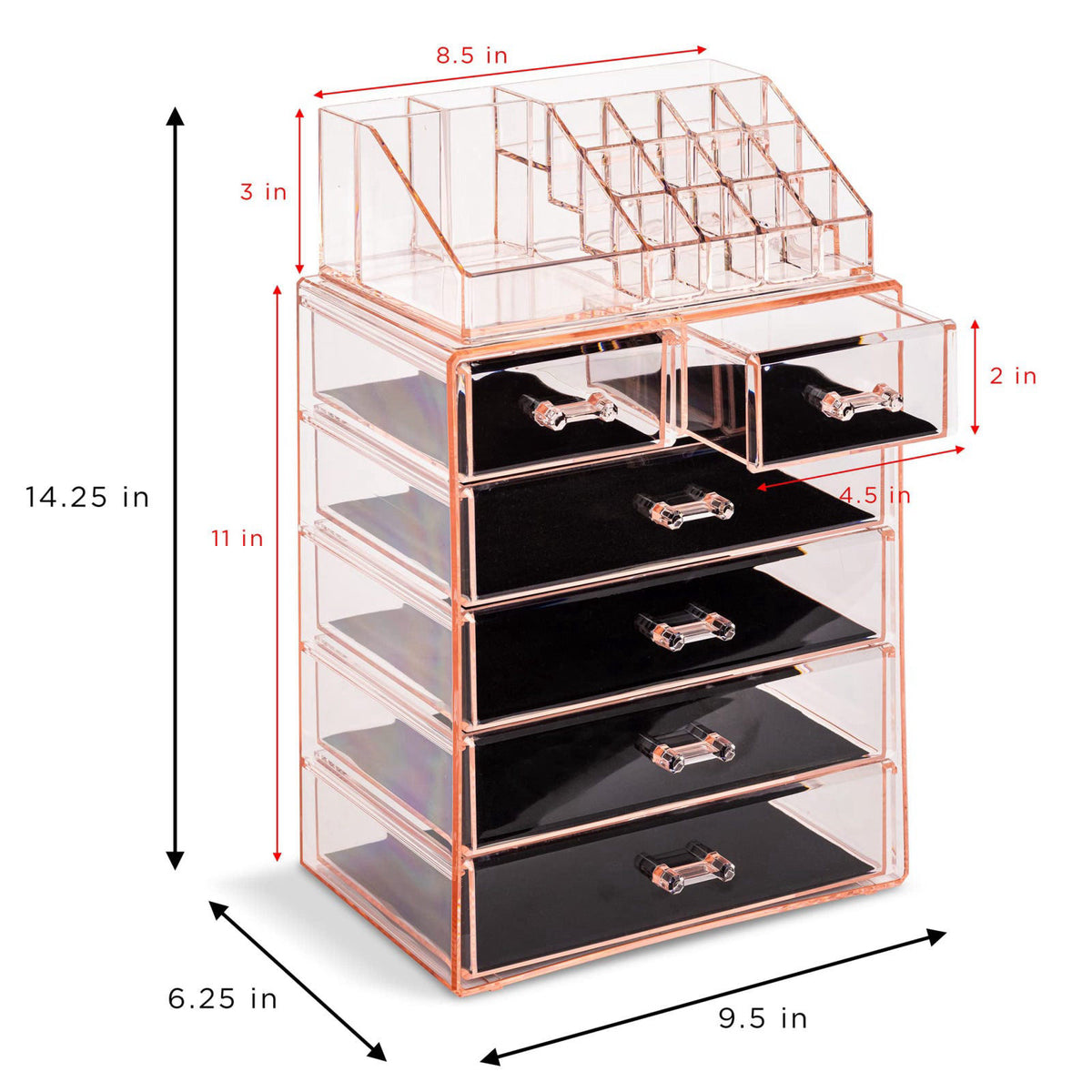 Sorbus Makeup Organizer, 6-Drawer Acrylic 2-Piece Set (Pink) – packaging and label