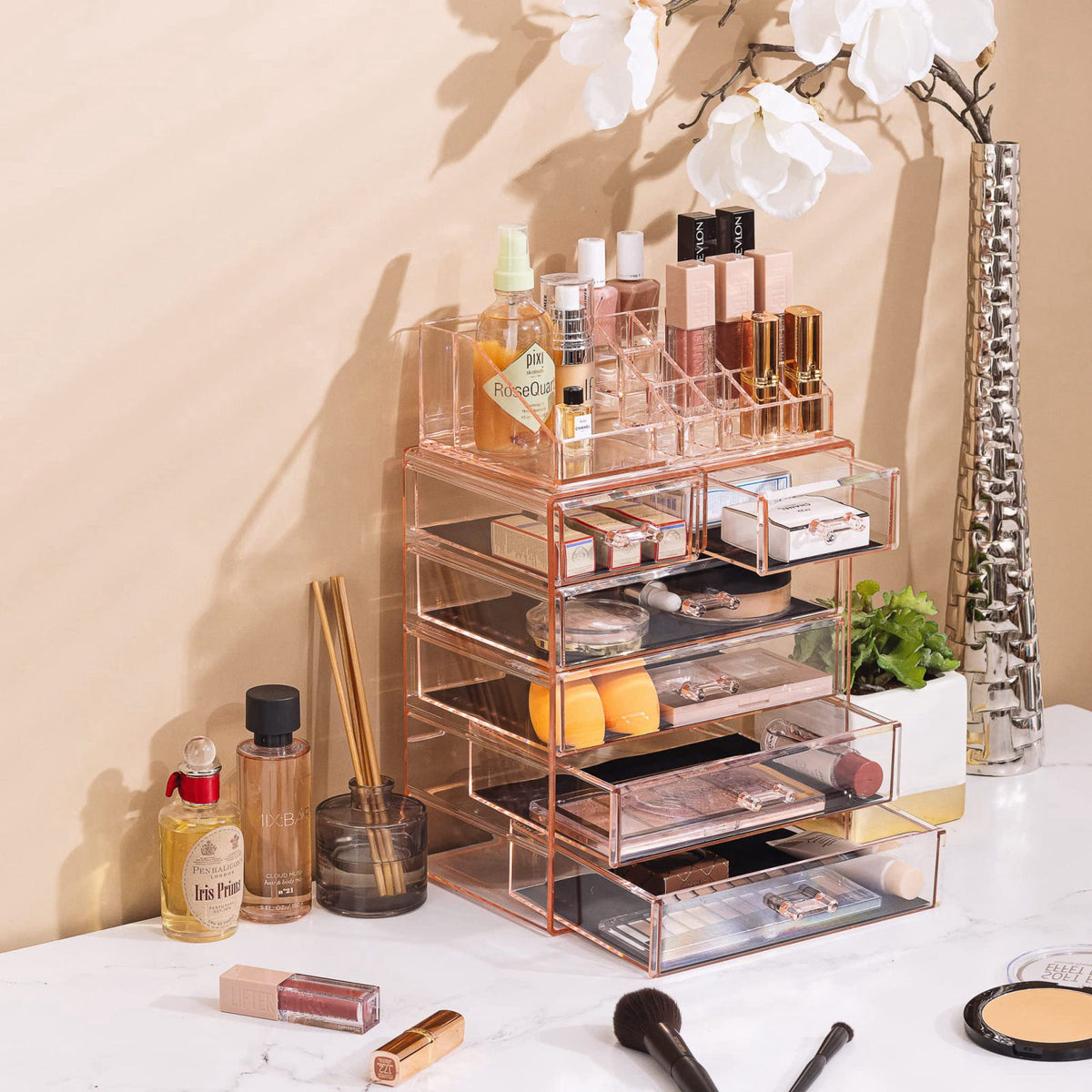 Sorbus Makeup Organizer, 6-Drawer Acrylic 2-Piece Set (Pink) – back view and specifications