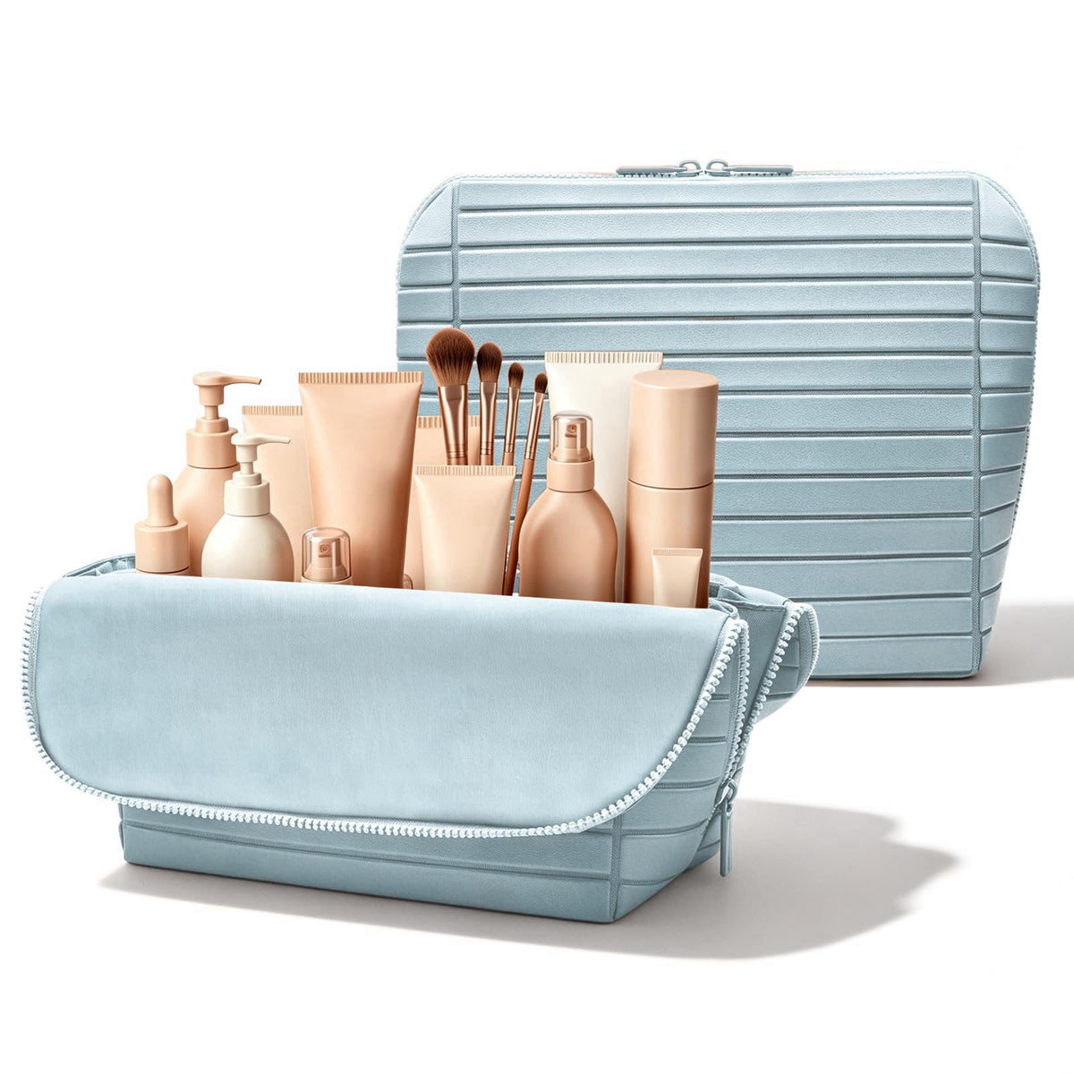Travel Makeup Organizer Bag with Fold-Down Design and Adjustable Dividers, 27 Pockets & 3 Brush Storage Holders, Large C