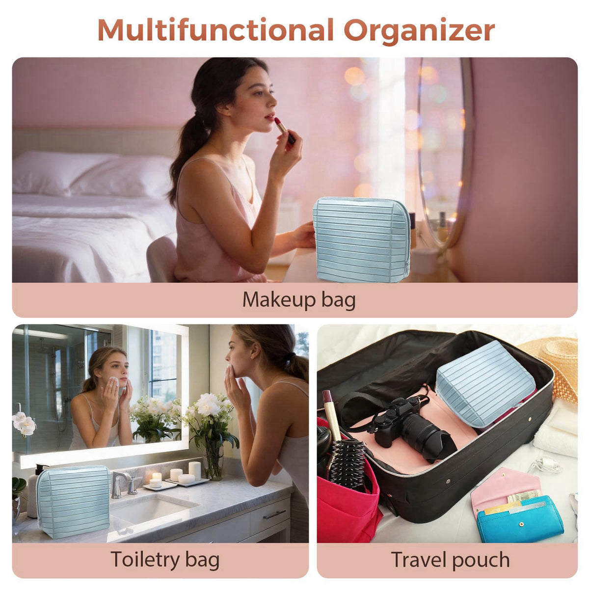 Travel Makeup Organizer Bag with Fold-Down Design and Adjustable Dividers, 27 Pockets & 3 Brush Storage Holders, Large C