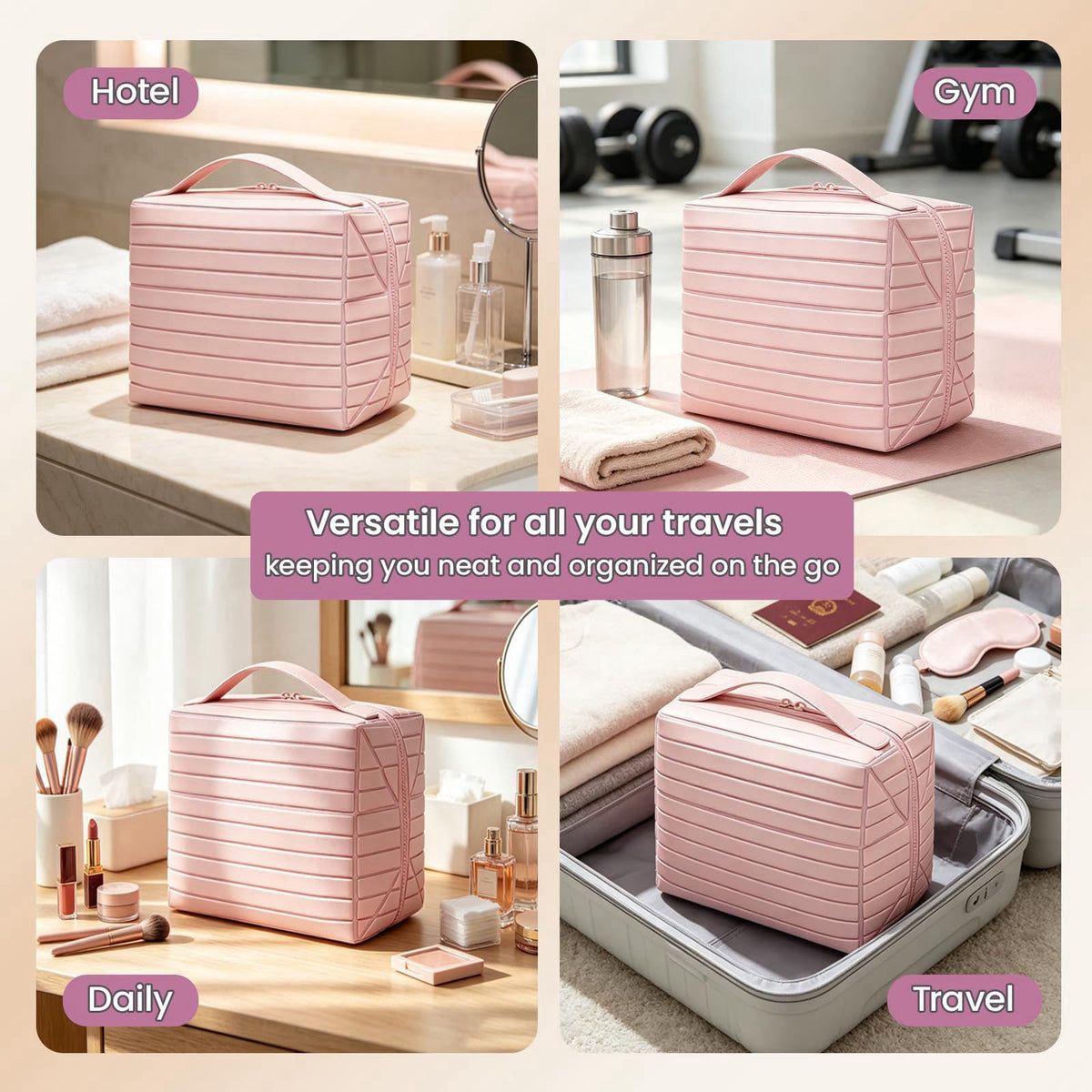 Parallel Traveler Makeup Bag with Dividers, Fold Down Toiletry Bag (Pink) – close-up detail in Pink