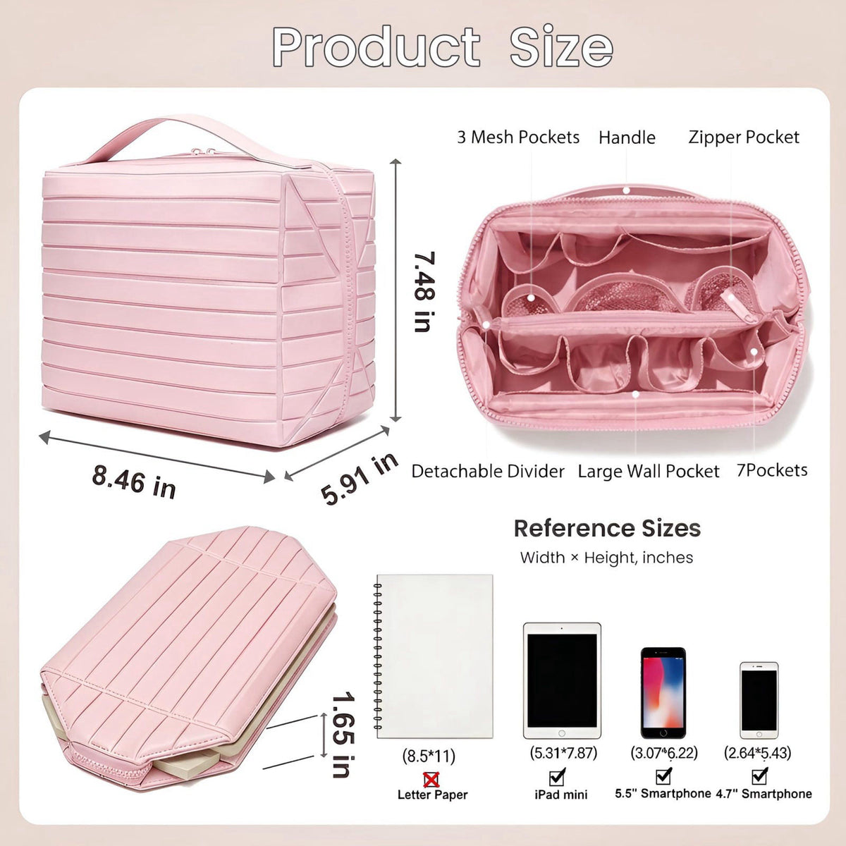 Parallel Traveler Makeup Bag with Dividers, Fold Down Toiletry Bag (Pink) – packaging and label