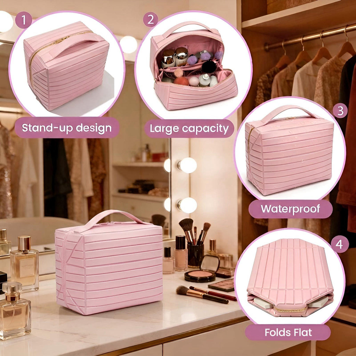 Parallel Traveler Makeup Bag with Dividers, Fold Down Toiletry Bag (Pink) – full view