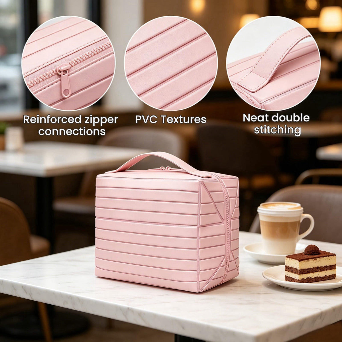 Parallel Traveler Makeup Bag with Dividers, Fold Down Toiletry Bag (Pink) – back view and specifications