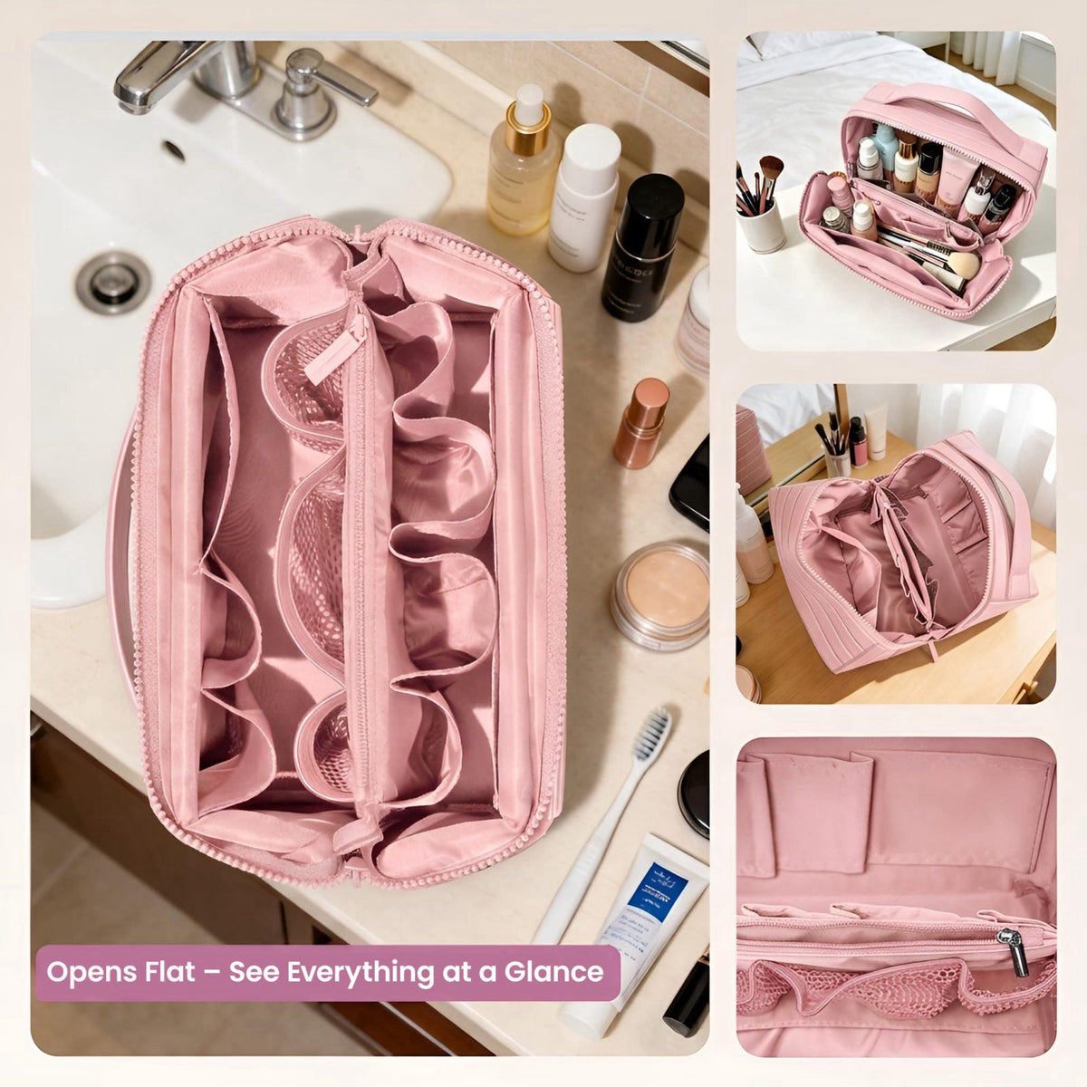Parallel Traveler Makeup Bag with Dividers, Fold Down Toiletry Bag (Pink) – alternate angle