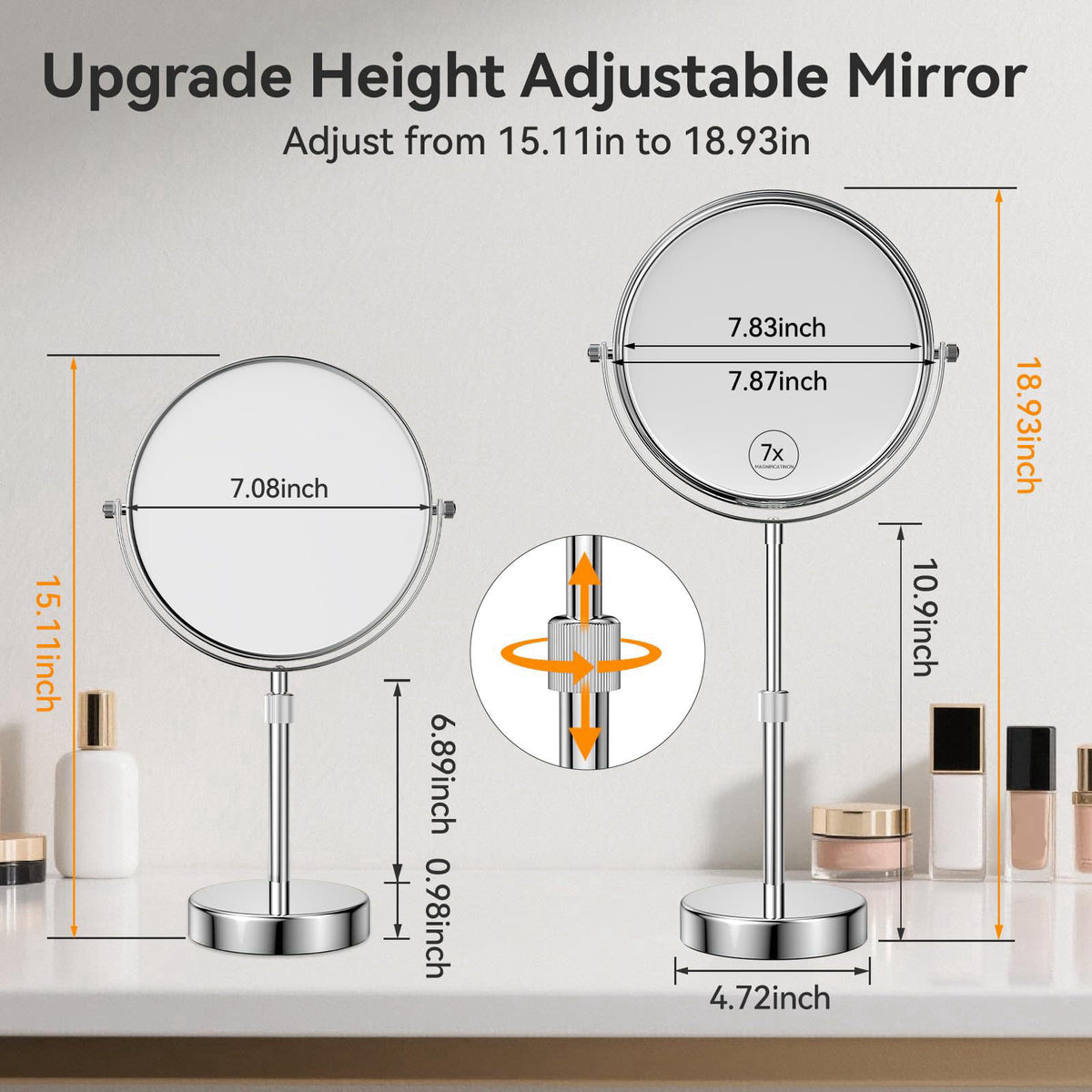 Nicesail Adjustable Makeup Magnified Mirror Chrome 7X 15 L x 9" W – packaging and label