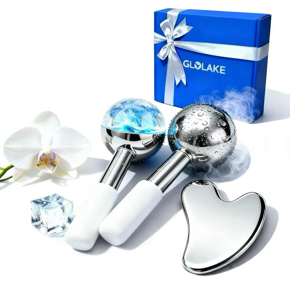 GLOLAKE Ice Roller for Face & Eyes, Stainless Steel Ice Globes with Gua Sha Set, 3-Piece Facial Kit for Puffiness, Depuf