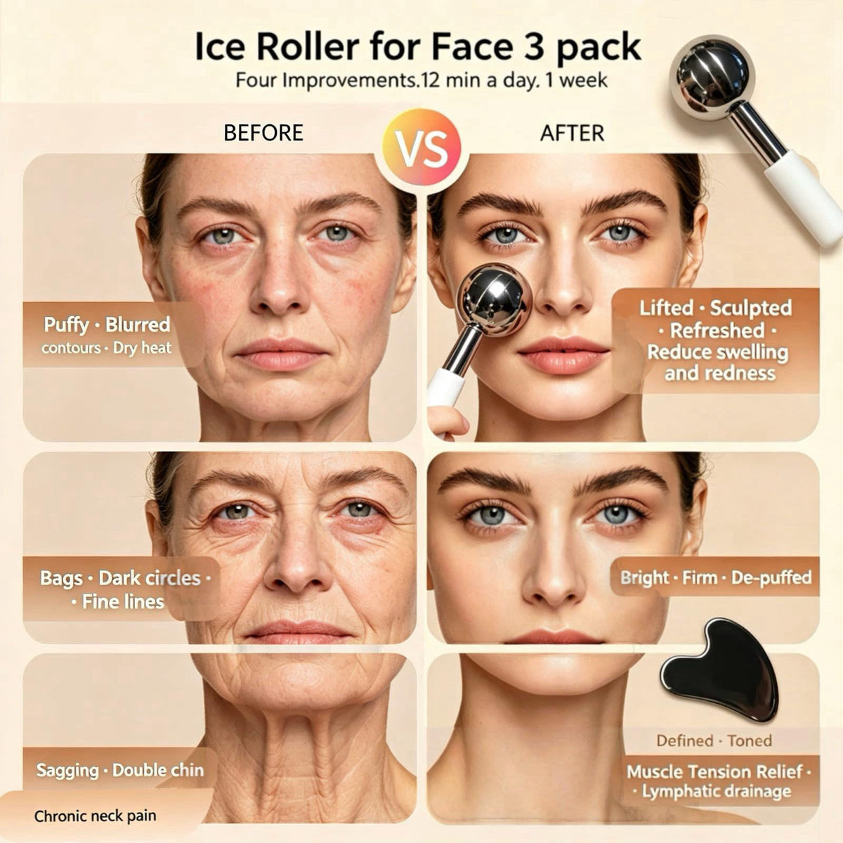 GLOLAKE Ice Roller for Face & Eyes, Stainless Steel Ice Globes with Gua Sha Set, 3-Piece Facial Kit for Puffiness, Depuf