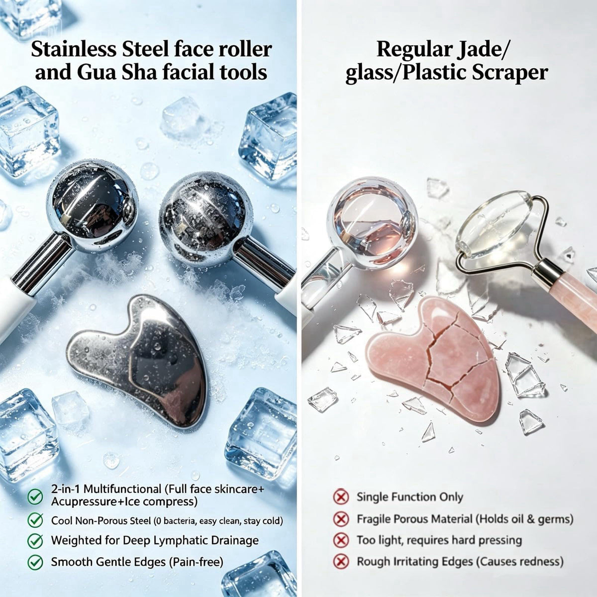 GLOLAKE Ice Roller for Face & Eyes, Stainless Steel Ice Globes with Gua Sha Set, 3-Piece Facial Kit for Puffiness, Depuf