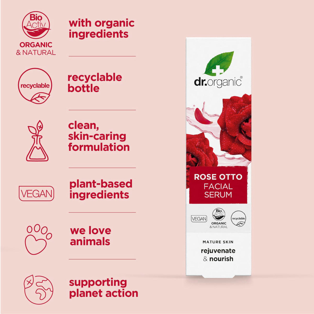 Dr. Organic Rose Otto Facial Serum | Nourishes and Smoothes Skin, Promotes Healthy Aging, Natural, Certified Organic, Pa