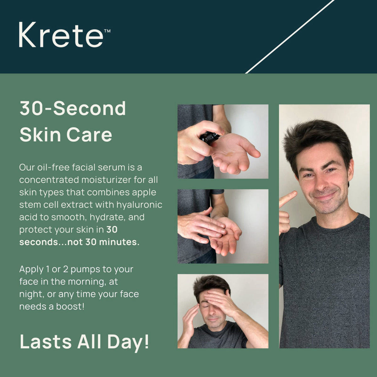 KRETE 30-Seconds Hydrating Facial Serum for Men - Helps with the Appearance of Aging, Wrinkles, Eye Bags, & Redness - Mo