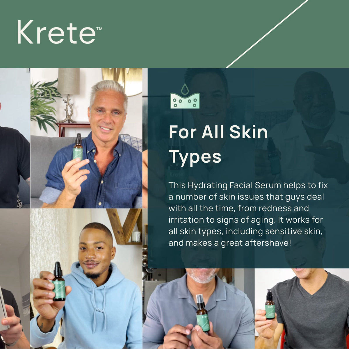 KRETE 30-Seconds Hydrating Facial Serum for Men - Helps with the Appearance of Aging, Wrinkles, Eye Bags, & Redness - Mo