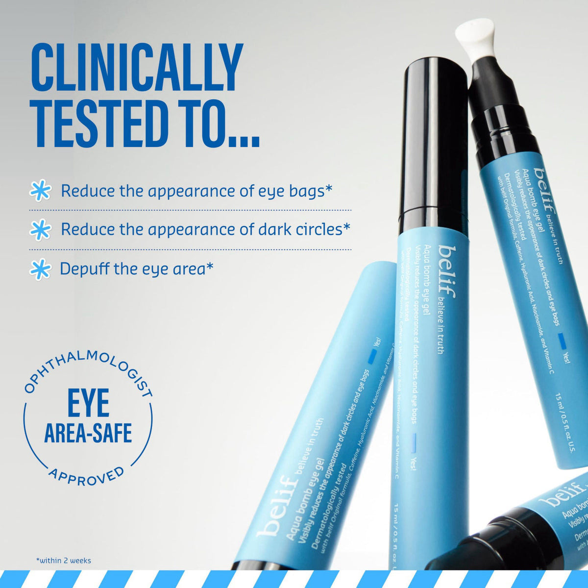 belif Aqua Bomb Cooling Eye Gel with Ceramic Tip for Depuffing, 0.5 fl oz – packaging and label