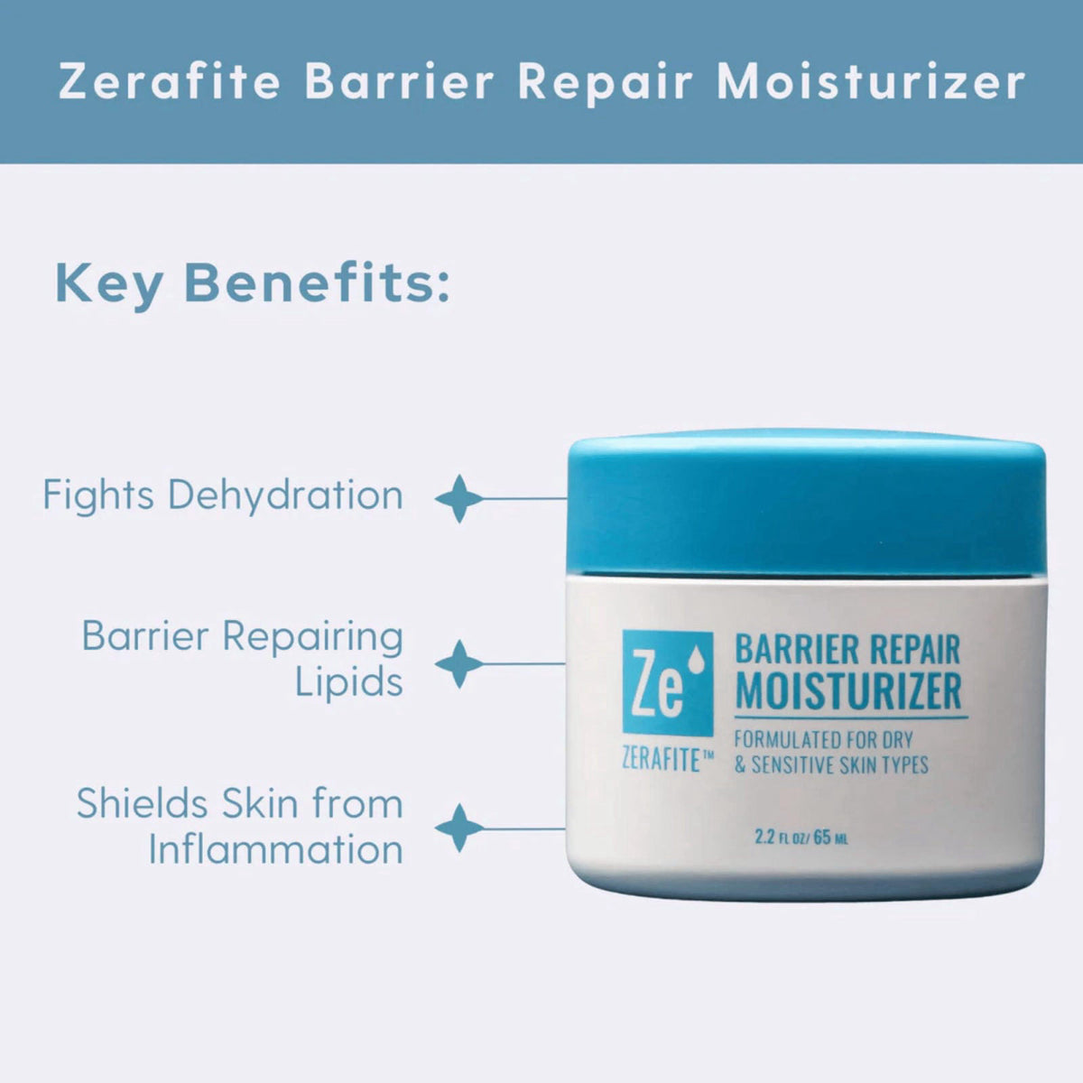 ZERAFITE Barrier Repair Face Moisturizer for Dry & Sensitive Skin Types (2.2 fl. oz./65 ML) – back view and specificatio