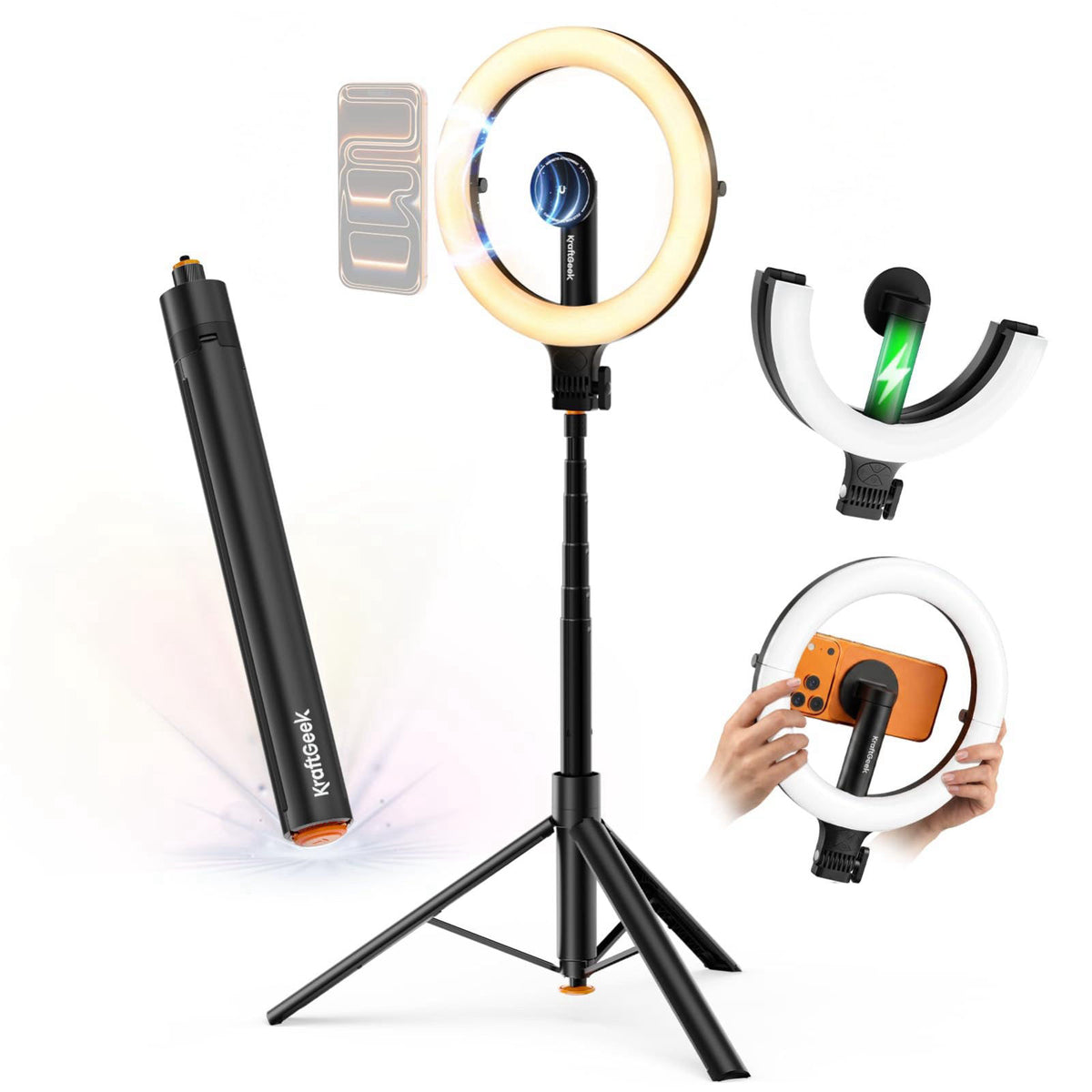 KraftGeek Ring Light with Stand, Magnetic Phone Tripod with Light – alternate angle