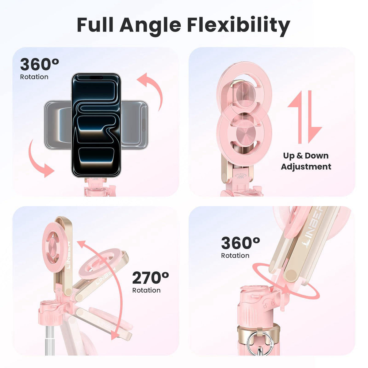 Linber Magnetic Selfie Stick Tripod for iPhone Android, MagSafe, Pink – packaging and label