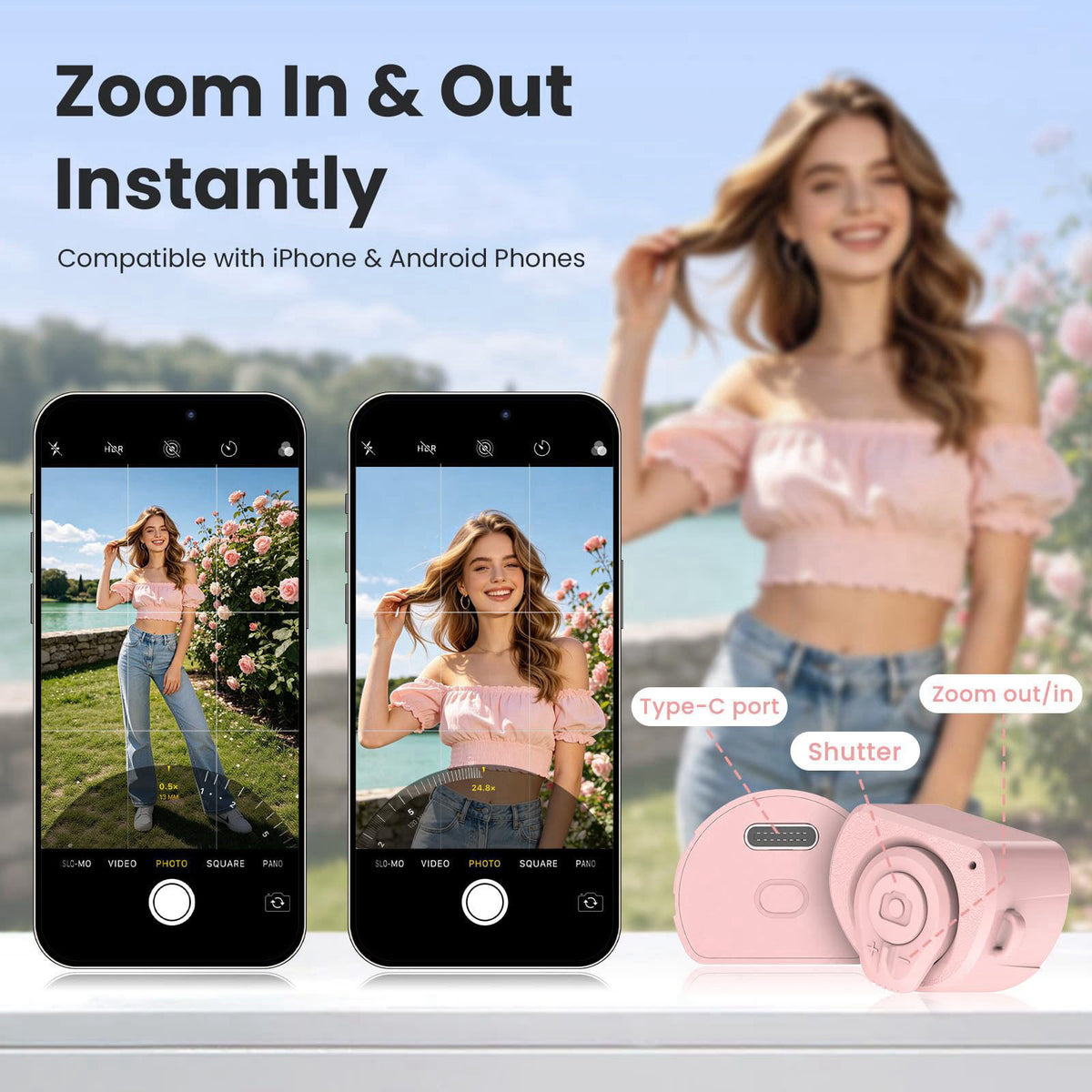 Linber Magnetic Selfie Stick Tripod for iPhone Android, MagSafe, Pink – full view