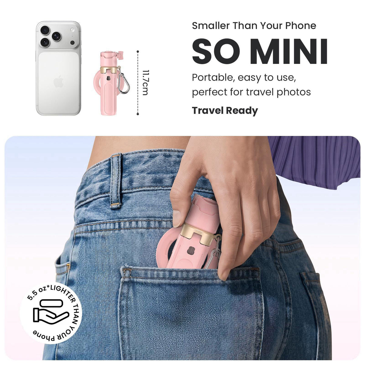 Linber Magnetic Selfie Stick Tripod for iPhone Android, MagSafe, Pink – back view and specifications