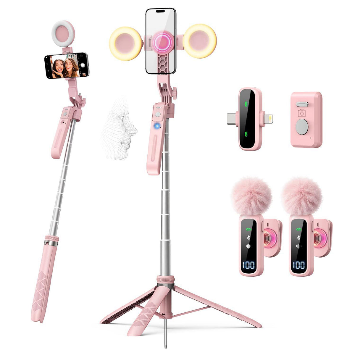 yAyusi Pink Vlogging Kit for iPhone/Android, 71" Magnetic Auto Face Tracking Tripod for iPhone, 6 in 1 Selfie Stick 