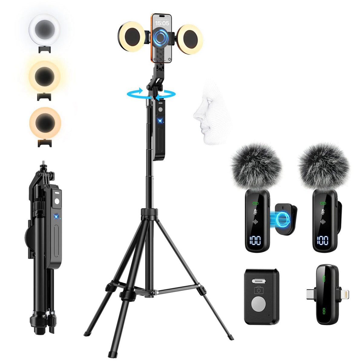 yAyusi Magnetic Vlogging Kit for iPhone/Android, 71" Auto Face Tracking Tripod for iPhone with Light, Magnetic Micro