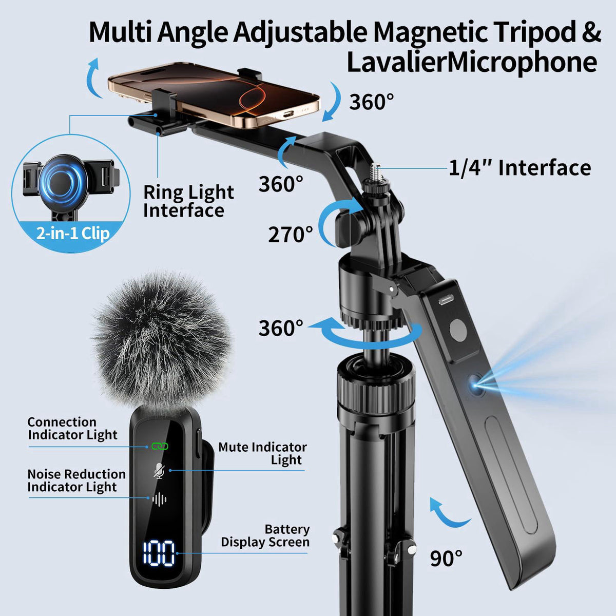 yAyusi Magnetic Vlogging Kit for iPhone/Android, 71" Auto Face Tracking Tripod for iPhone with Light, Magnetic Micro