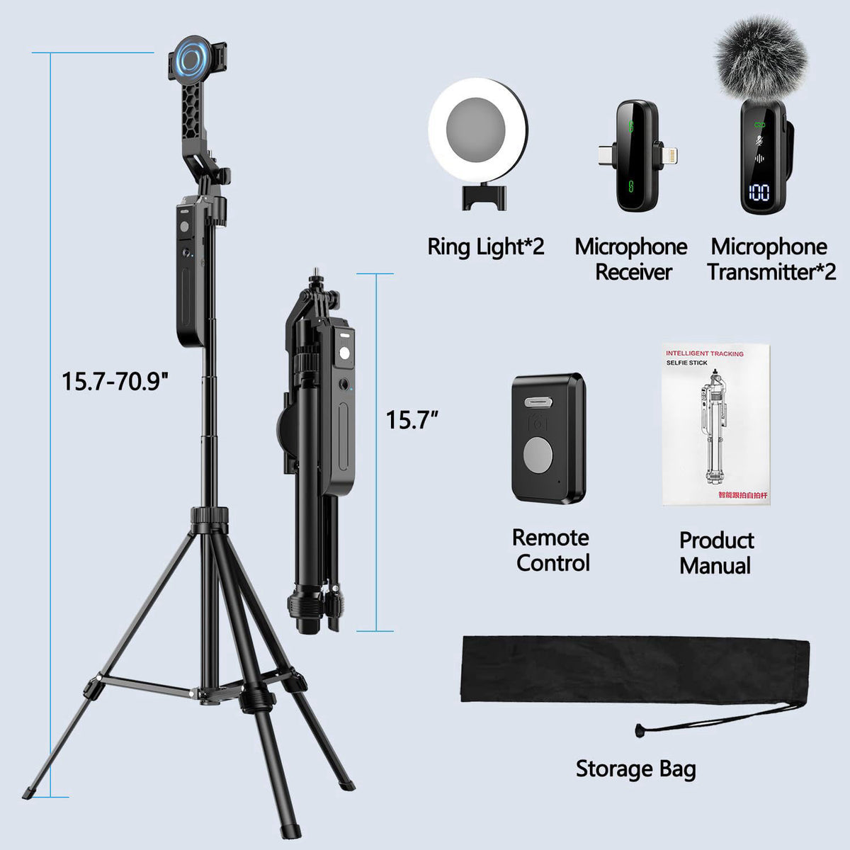 yAyusi Magnetic Vlogging Kit for iPhone/Android, 71" Auto Face Tracking Tripod for iPhone with Light, Magnetic Micro
