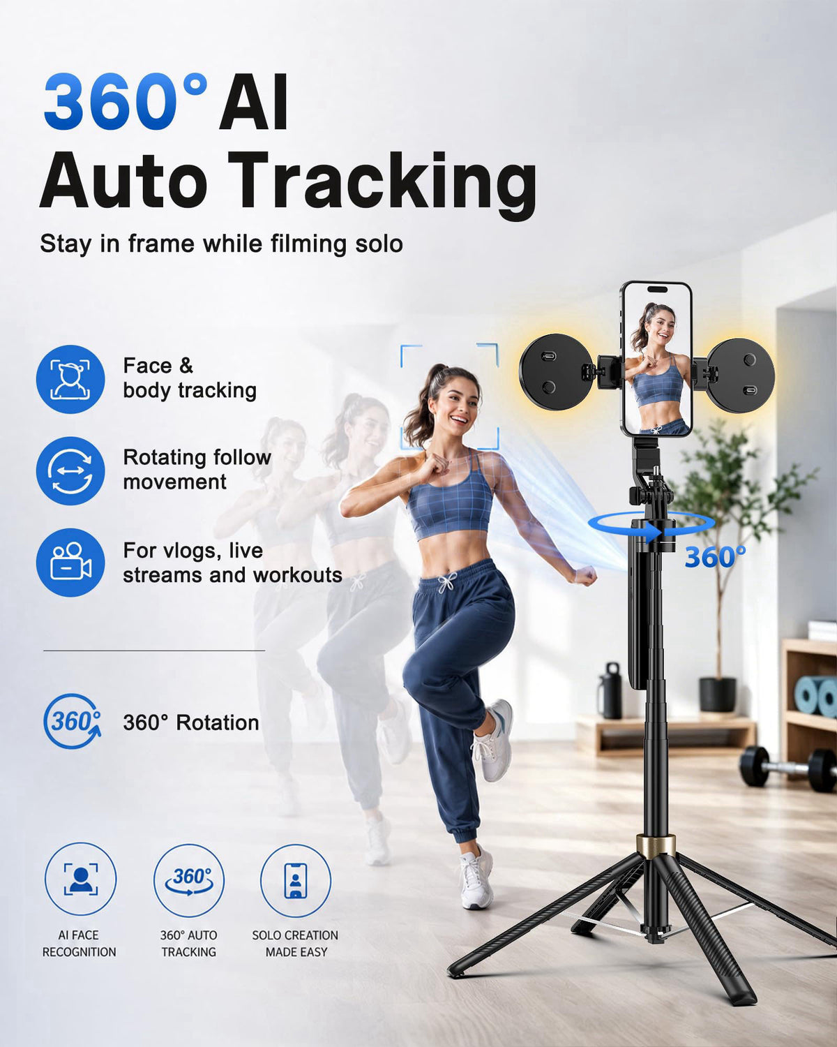 UBeesize 70" Auto Face Tracking Phone Tripod for iPhone & Camera with Light – close-up detail