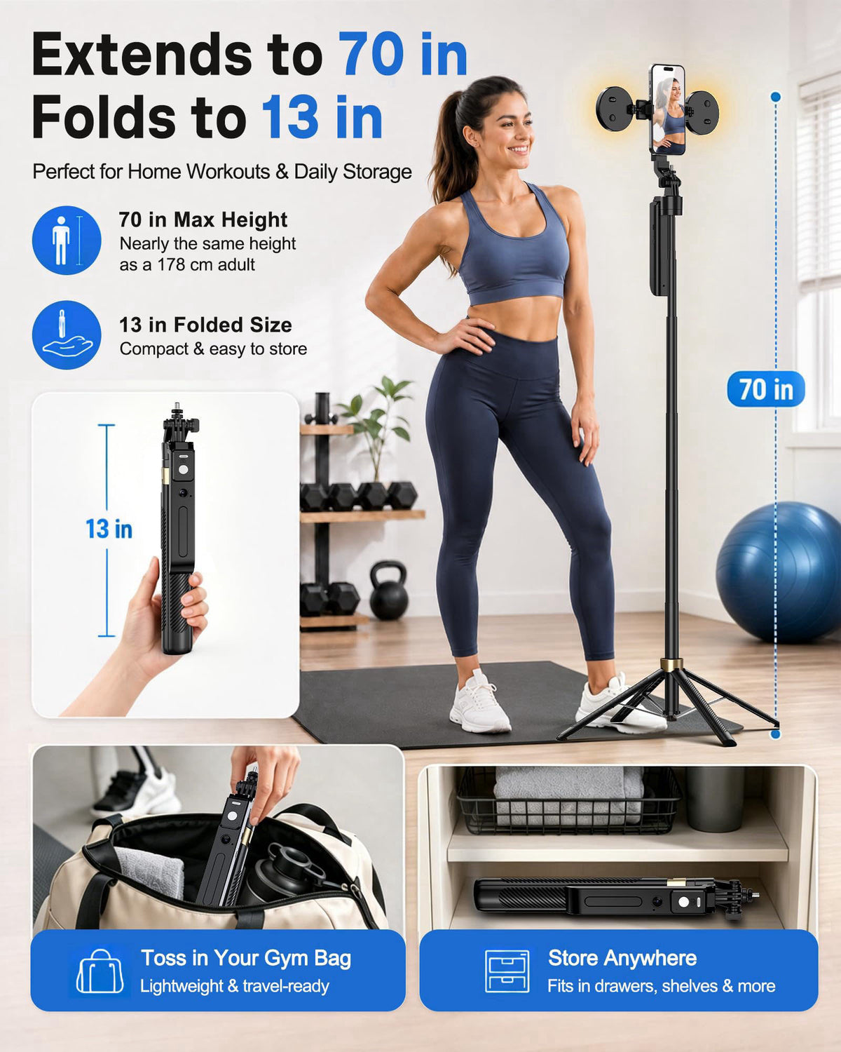 UBeesize 70" Auto Face Tracking Phone Tripod for iPhone & Camera with Light – full view