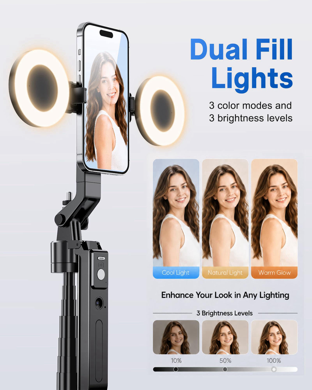UBeesize 70" Auto Face Tracking Phone Tripod for iPhone & Camera with Light – back view and specifications