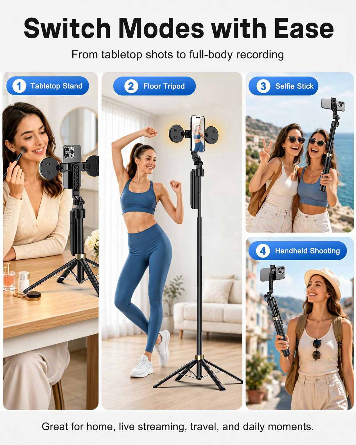 UBeesize 70" Auto Face Tracking Phone Tripod for iPhone & Camera with Light – alternate angle