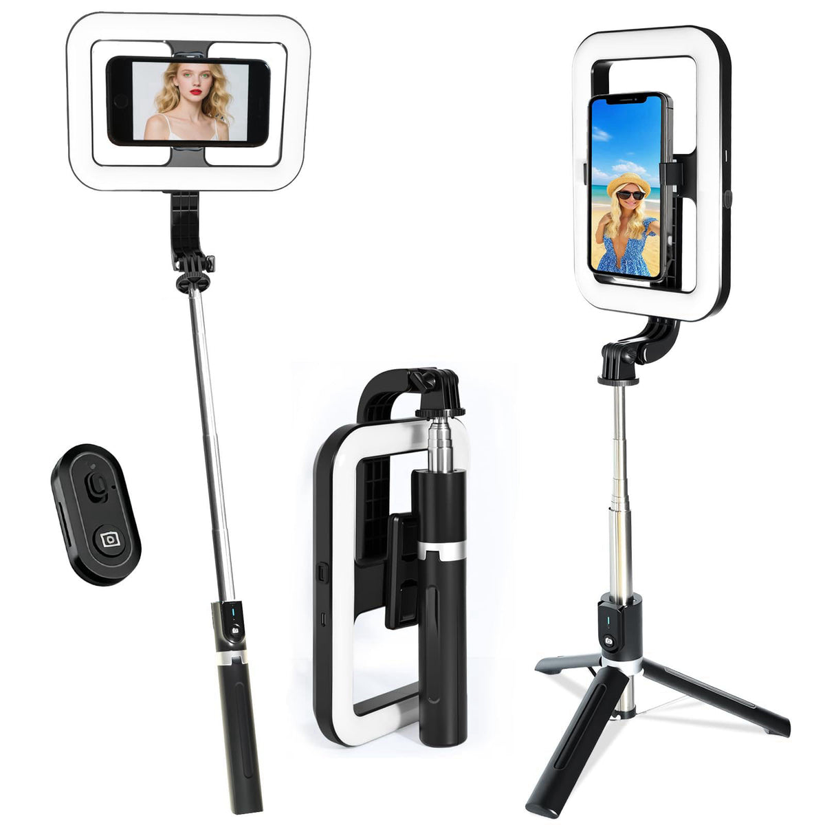 WEIIBDIE Foldable Selfie Light with Stand,54" Extendable Phone Holder Selfie Stick with Dimmable LED Lights and Remo