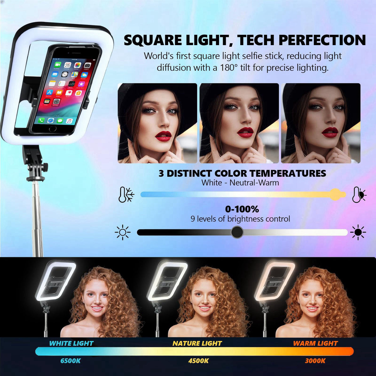 WEIIBDIE Foldable Selfie Light with Stand,54" Extendable Phone Holder Selfie Stick with Dimmable LED Lights and Remo