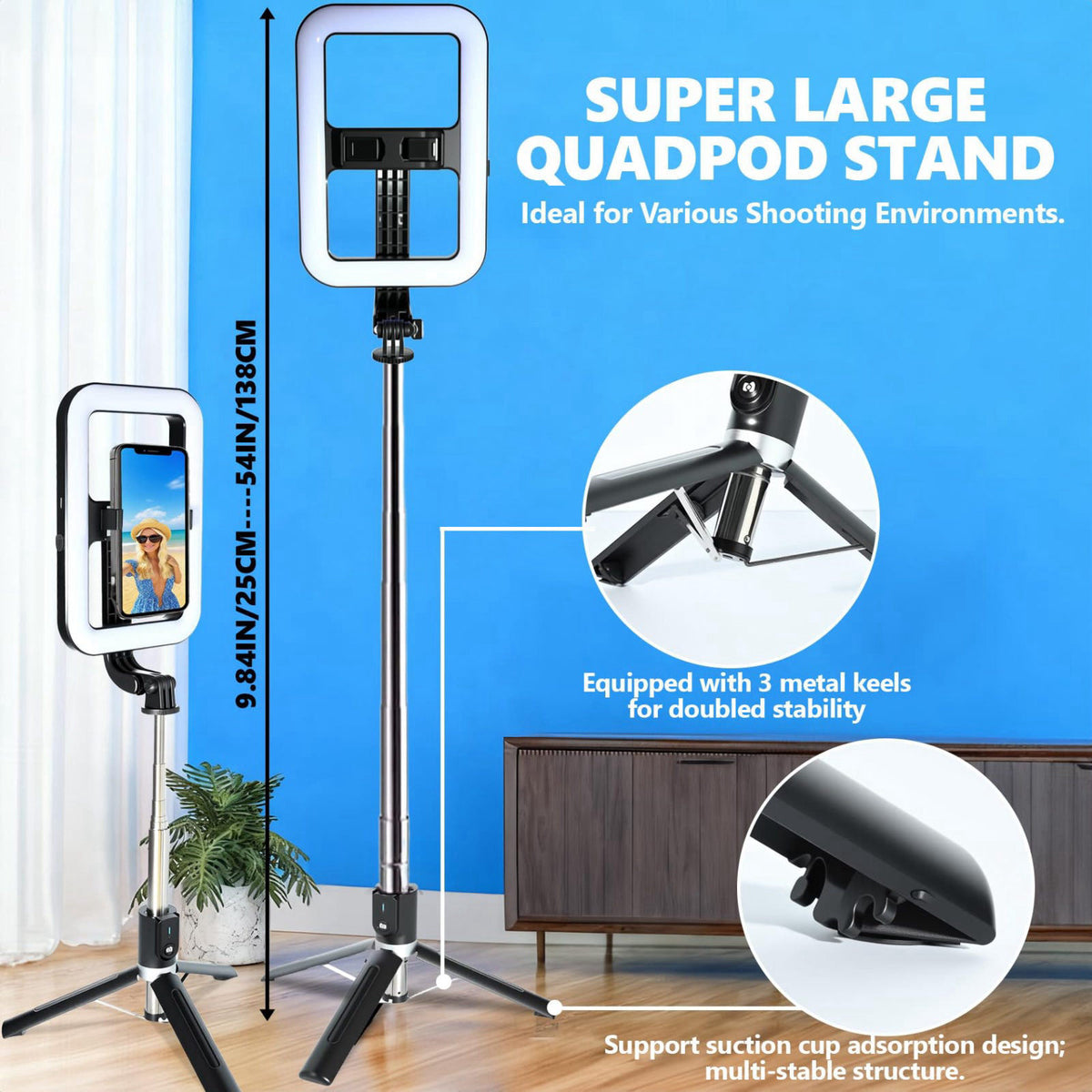 WEIIBDIE Foldable Selfie Light with Stand,54" Extendable Phone Holder Selfie Stick with Dimmable LED Lights and Remo