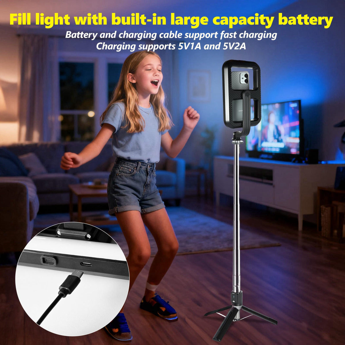 WEIIBDIE Foldable Selfie Light with Stand,54" Extendable Phone Holder Selfie Stick with Dimmable LED Lights and Remo