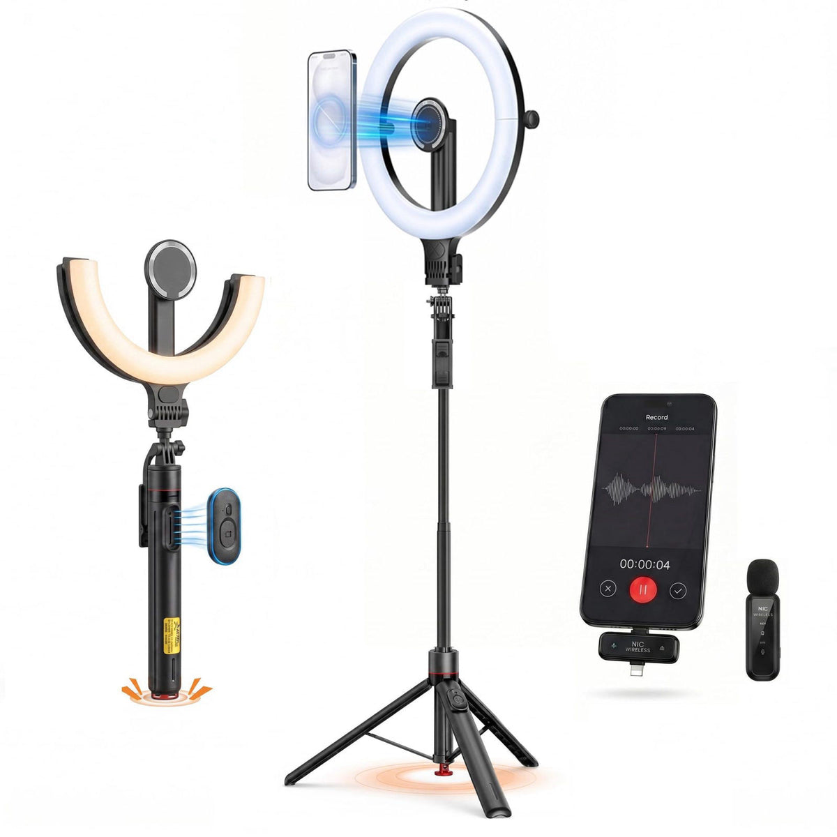 Flurova Ring Light with Stand and Wireless Microphone, 10" Magnetic Selfie Light 5000mAh Rechargeable 3000K-6500K, 7